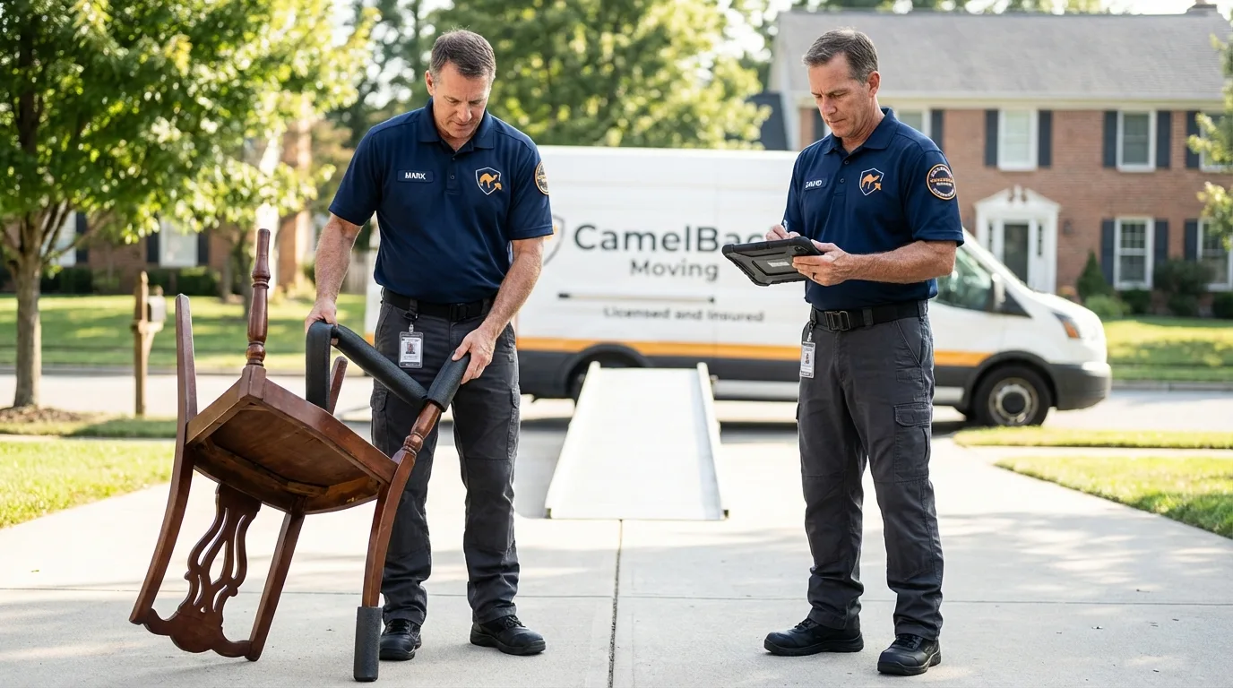 Movers inspecting furniture for damage prevention before loading in Minier, IL